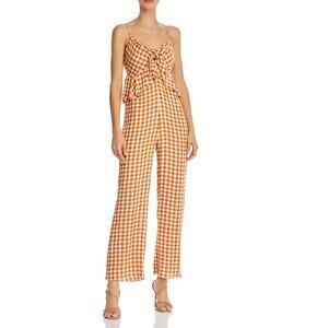 Saylor Laken Gingham Jumpsuit Sleeveless Ruffle Peplum Apricot Womens Size Small